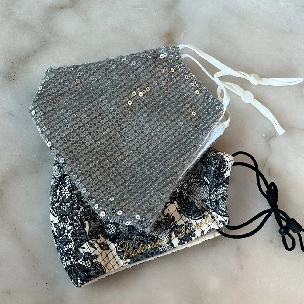 Victoria's Secret Lace Reusable Face Mask - Black and Pink Bundle Silver Sequin
